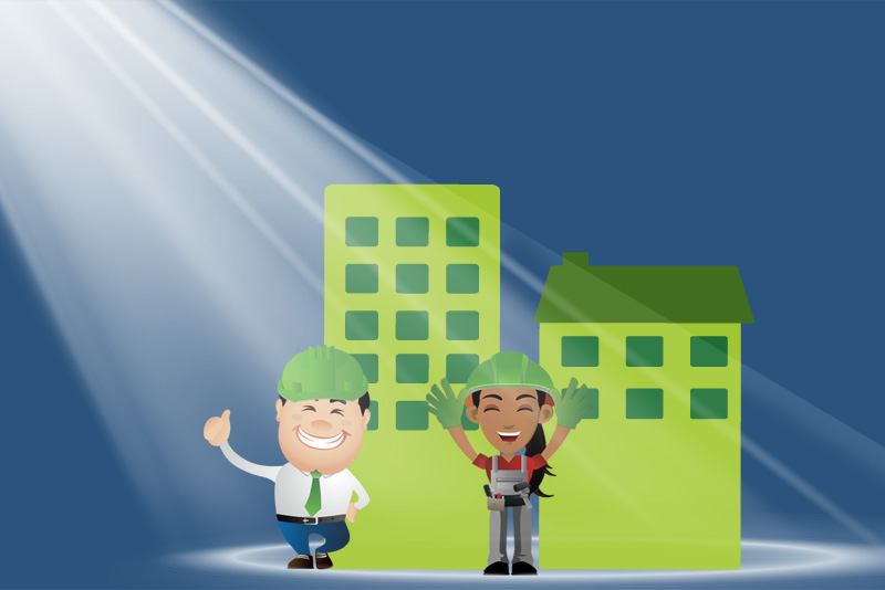 Image: Two green buildings highlighted in a spotlight